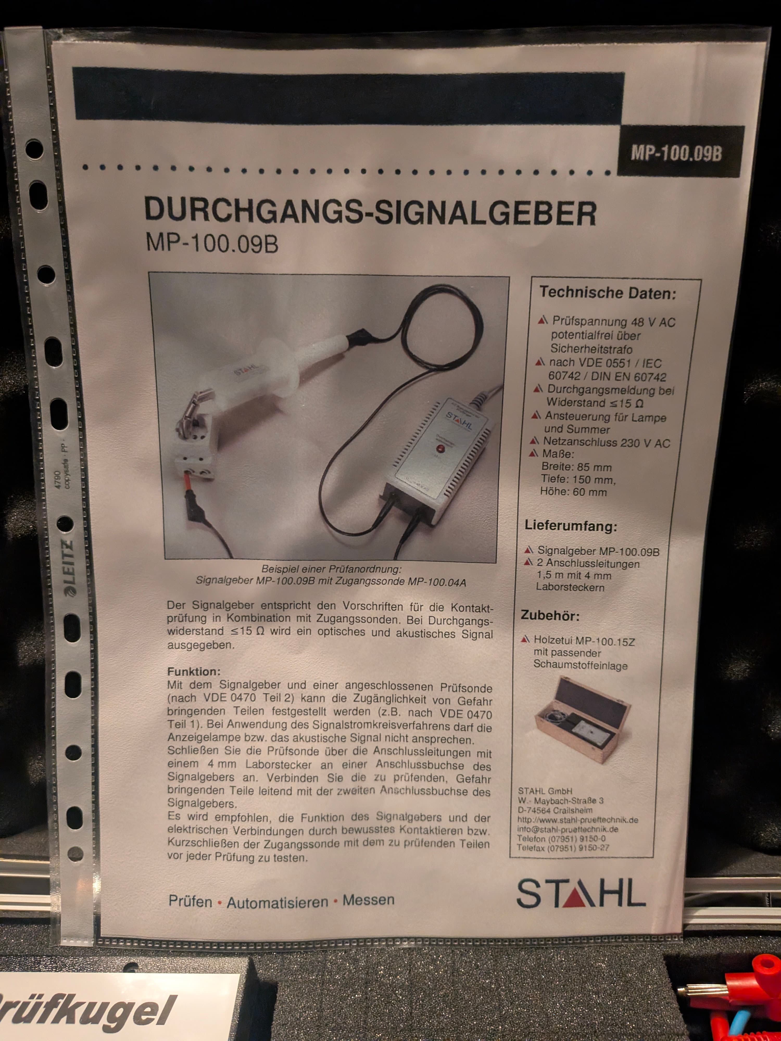 Prüfkoffer STAHL  MP-100.09B AC IP20 DIN VDE 0470 Prüfkugel 12,5 mm Signalgeber